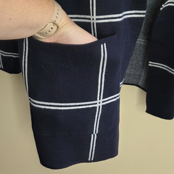 Loft | Navy Blue White Windowpane Striped Open Knit Sweater Blazer Size Large - Picture 5 of 6